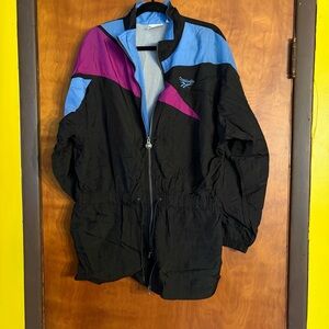 Vintage Reebok Black Windbreaker Jacket with Purple and Blue Accents L